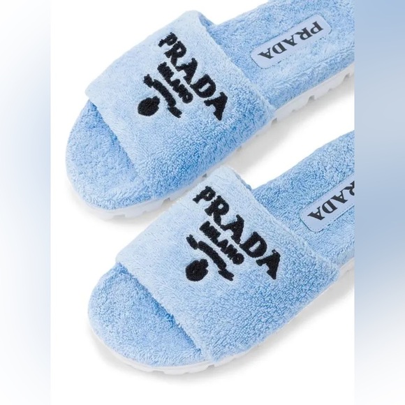 Prada Blue Fur Terry Cloth Slides Sandals 40 9.5 10